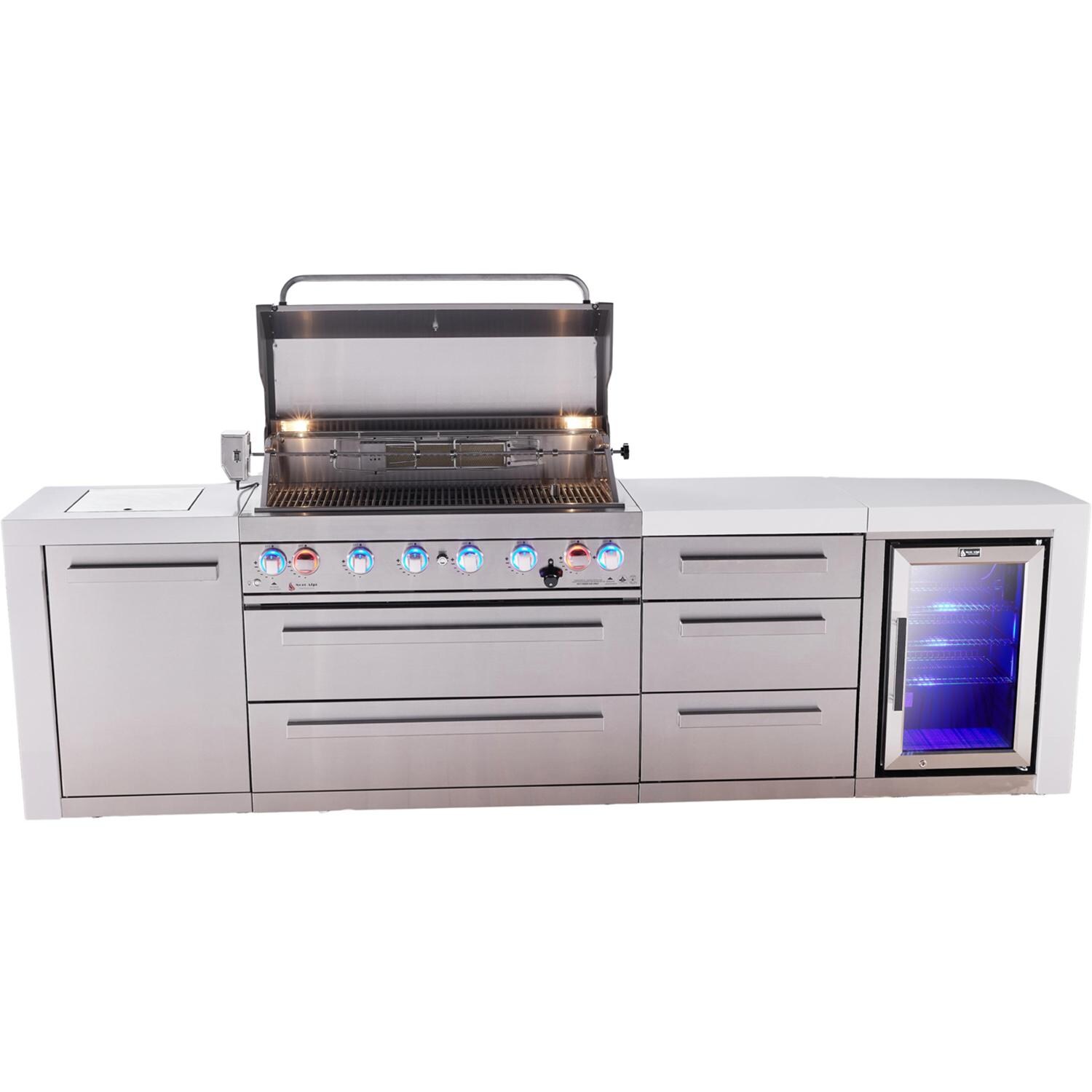 Mont Alpi Deluxe Series 10 Ft Natural Gas Outdoor Kitchen Island w/ 44-in Grill, Side Burner, Fridge & Triple Drawer (Ships Propane w/ Conversion Kit) - Grill Open - White Background thumbnail