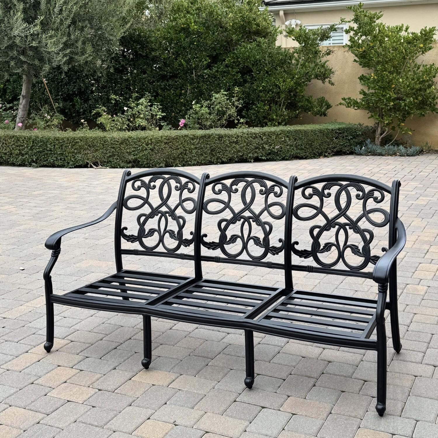 Santa Monica 6 Pc Cast Aluminum Seating Set w/ 49 X 35 Inch Fire Pit Table w/ 2 Rocker Club Chairs in Sesame/Antique Bronze by Darlee - Sofa w/o Cushions - Lifestyle