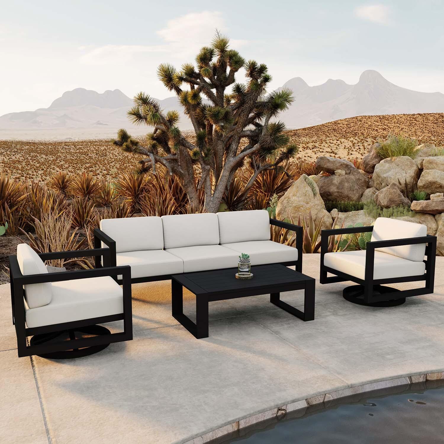 Misty Cove 4 Pc Aluminum Sofa Seating Set w/ Swivel Chairs in Black/Canvas Natural by Lakeview Outdoor Designs - Angled - Lifestyle thumbnail