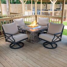 Blazing Beats 5 Piece Aluminum Patio Fire Table Conversation Set W/ Laguna Stacked Stone Fire Table Feat. Bluetooth - Propane