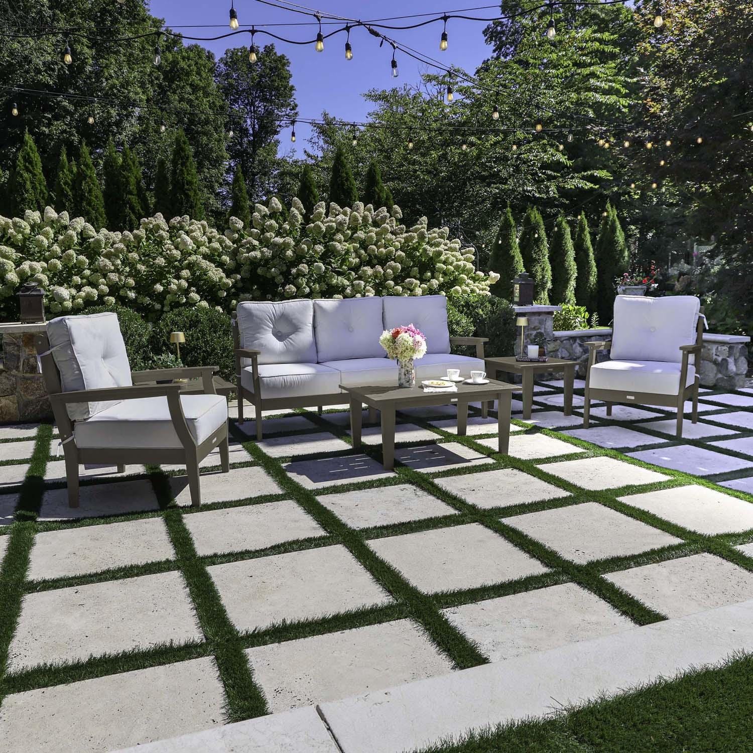 Blushing Bay 6 Pc Recycled Plastic Seating Set w/ Sofa in Bliss Linen/Woodland Brown by Lakeview Outdoor Designs