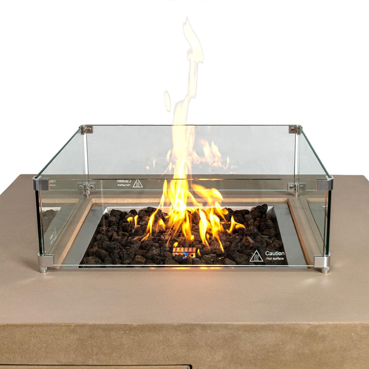 Glenwood 42-in Square Concrete Propane Fire Pit w/ Hidden Propane Tank in Sand by Lakeview Outdoor Designs - Glass Wind Guard - Detail thumbnail