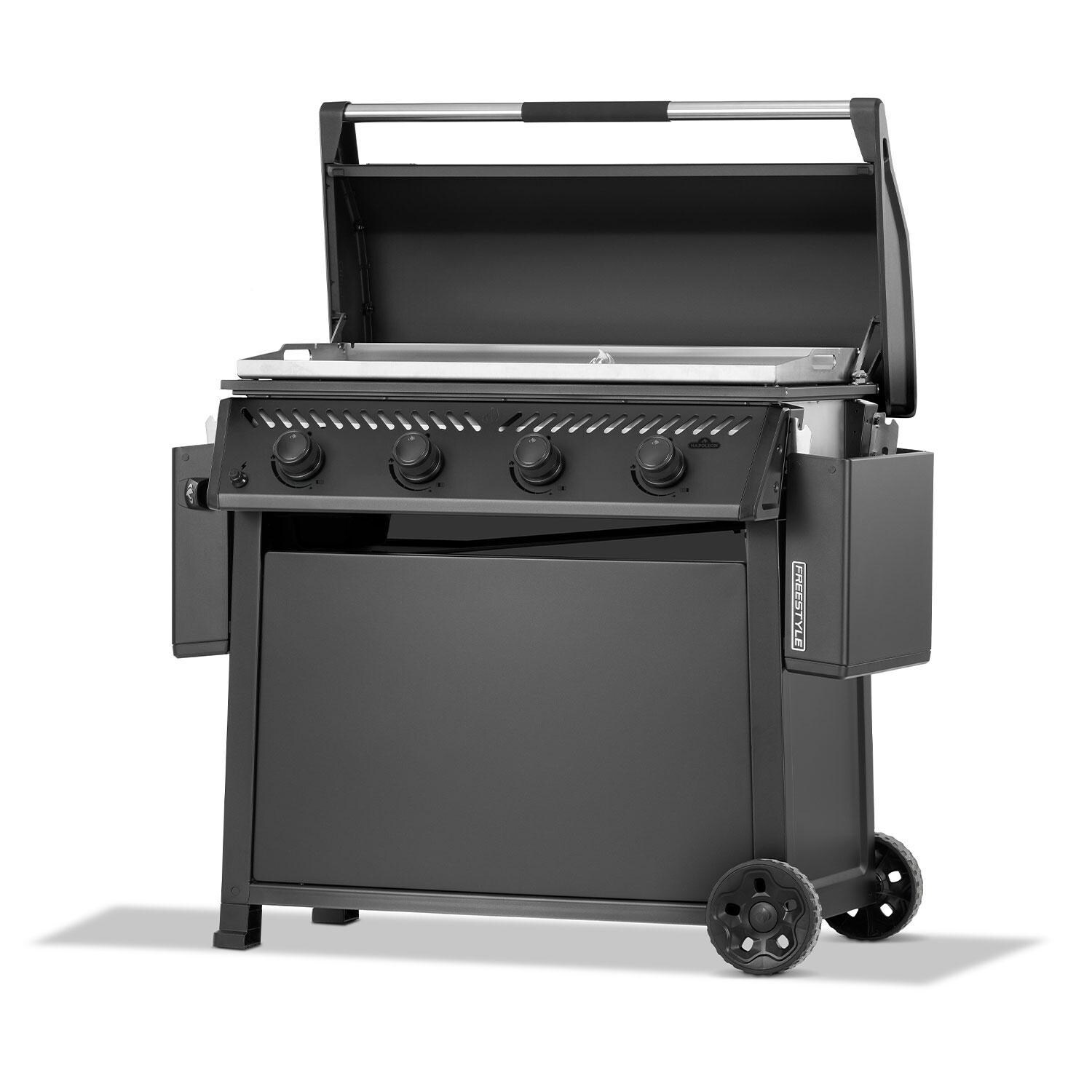 Napoleon F36FTPMK Freestyle 36-in 4 Burner Propane Flat Top Grill w/ Cooktop - Lid Up w/ Side Shelves Folded - Angled Left - White Background thumbnail