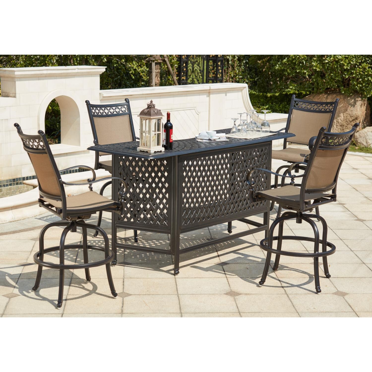 Darlee 201610-5PC-60K Mountain View 5 Piece Cast Aluminum Sling Patio Party Bar Set W/ Swivel Bar Stools - Lifestyle thumbnail