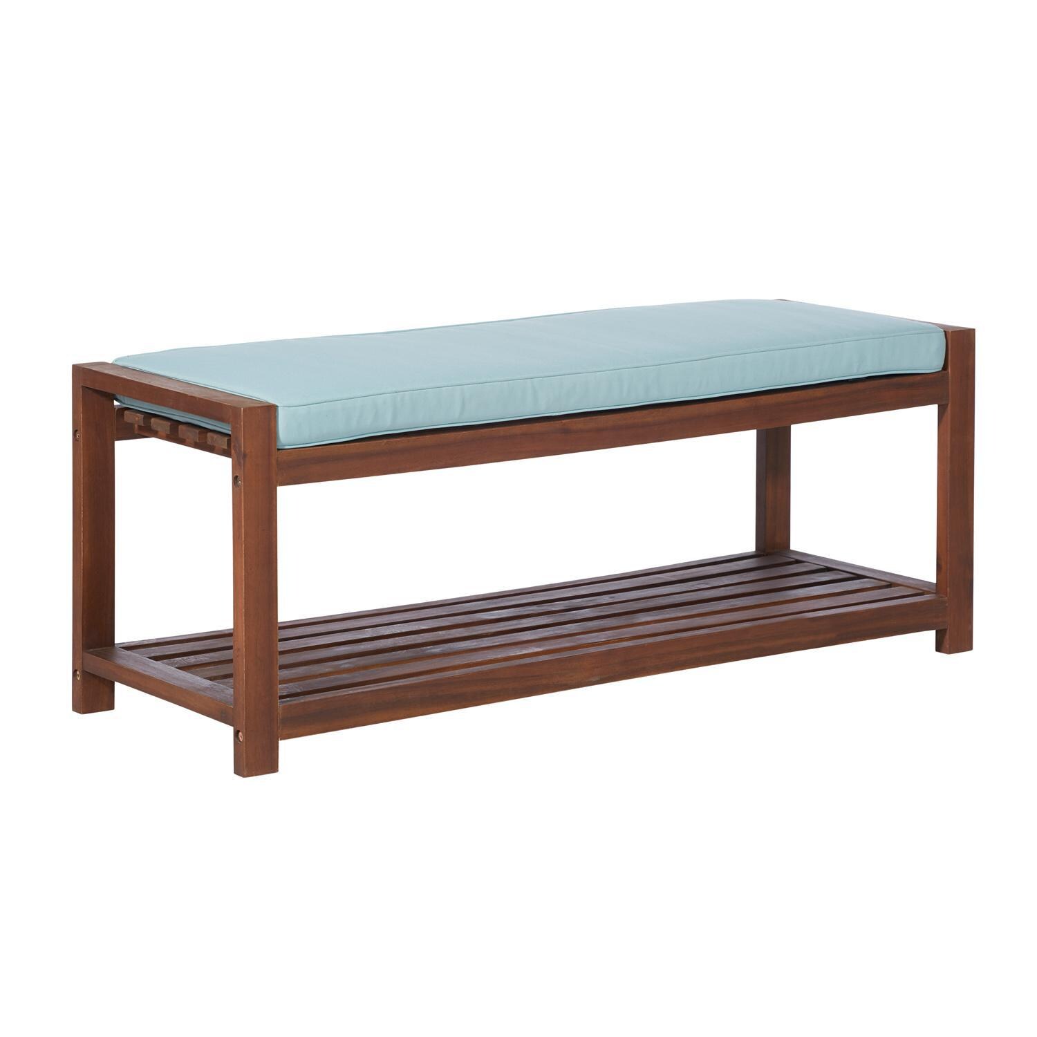 Ultimate Patio Wishlake 48 Inch Acacia Patio Bench W/ Storage Shelf & Blue Cushion - Dark Brown - Left Side Angled View thumbnail