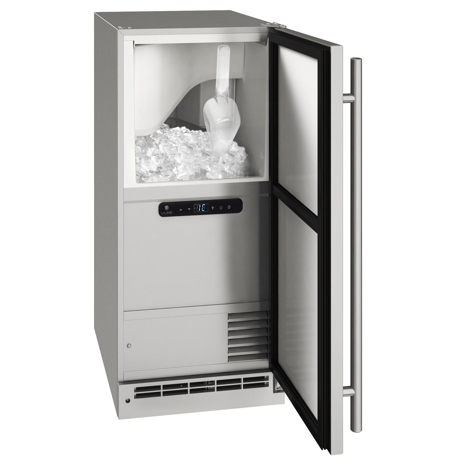 U-Line UOCL115-SS01B 15-Inch 60 Lb. Outdoor Rated Clear Ice Maker - Stainless Steel - Open thumbnail