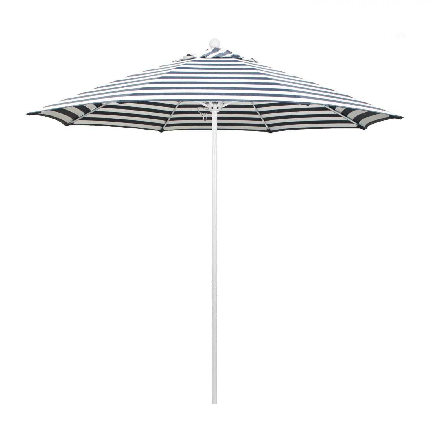 California Umbrella Venture Series 9 Ft Octagonal Aluminum Patio Umbrella W/ Push Lift & Fiberglass Ribs - Matted White Frame / Olefin Navy White Cabana Stripe Canopy