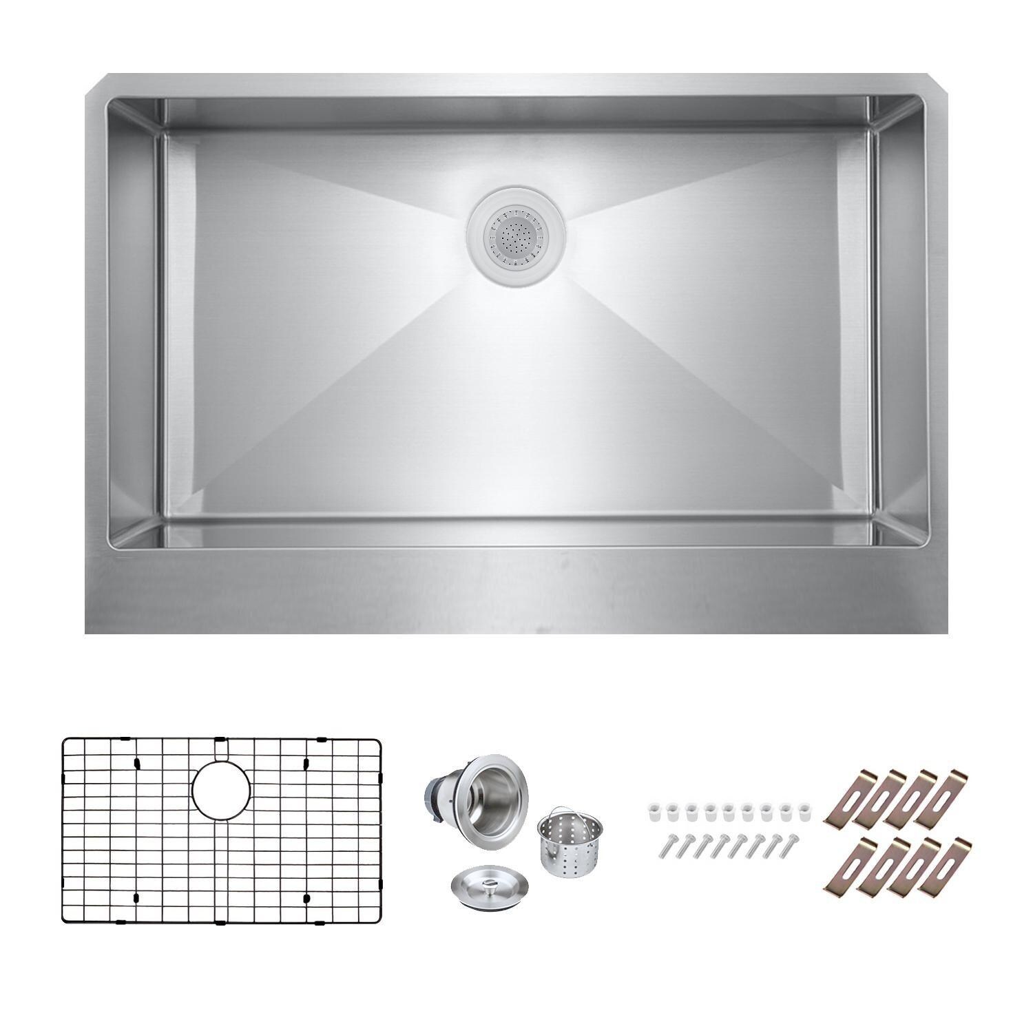 BBQGuys Signature Farmhouse Flat Apron Stainless Steel 36-Inch Sink W/Grid and Strainer - White Background thumbnail