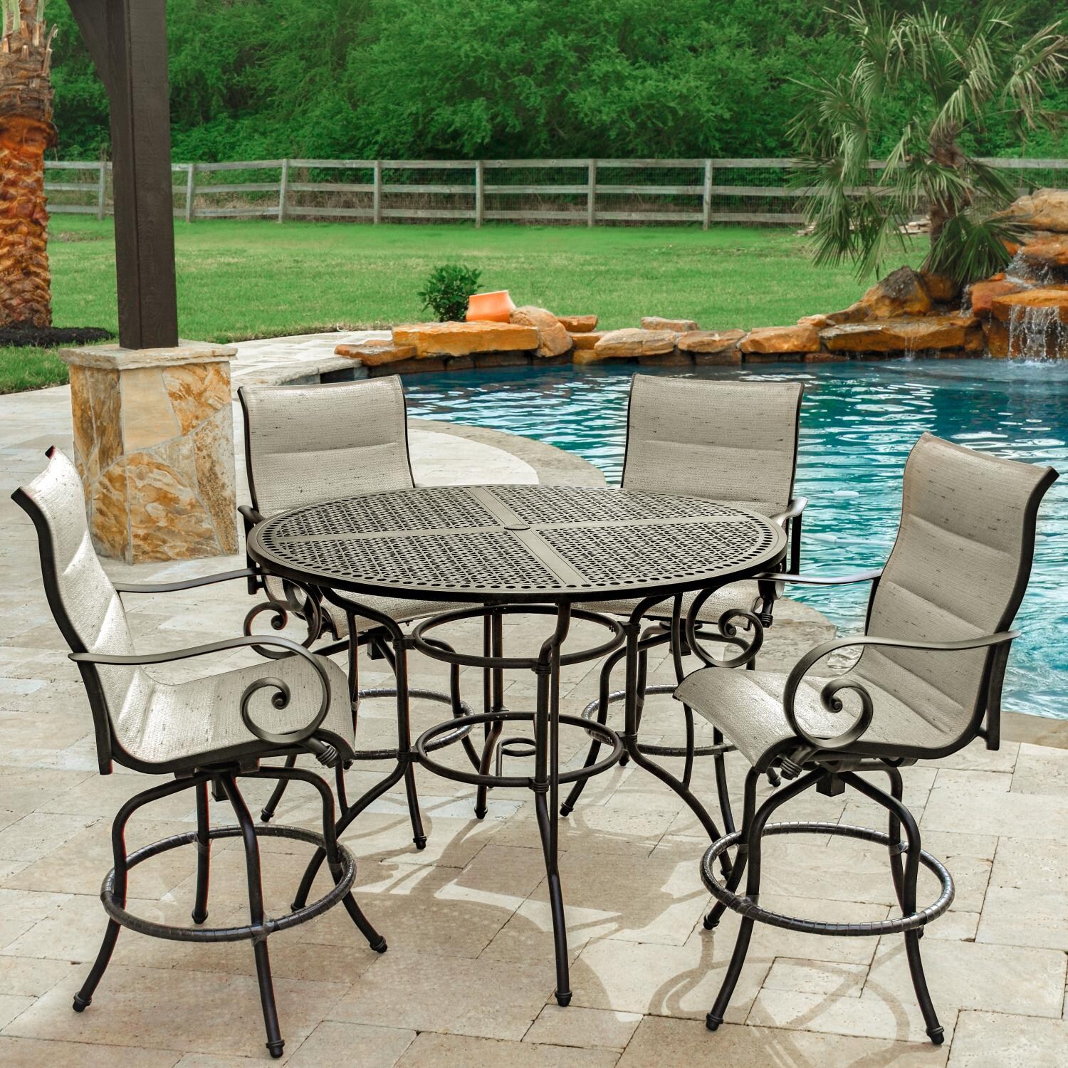 Elysian 5 Piece Padded Sunbrella Sling Patio Bar Set W/ 52Inch Round