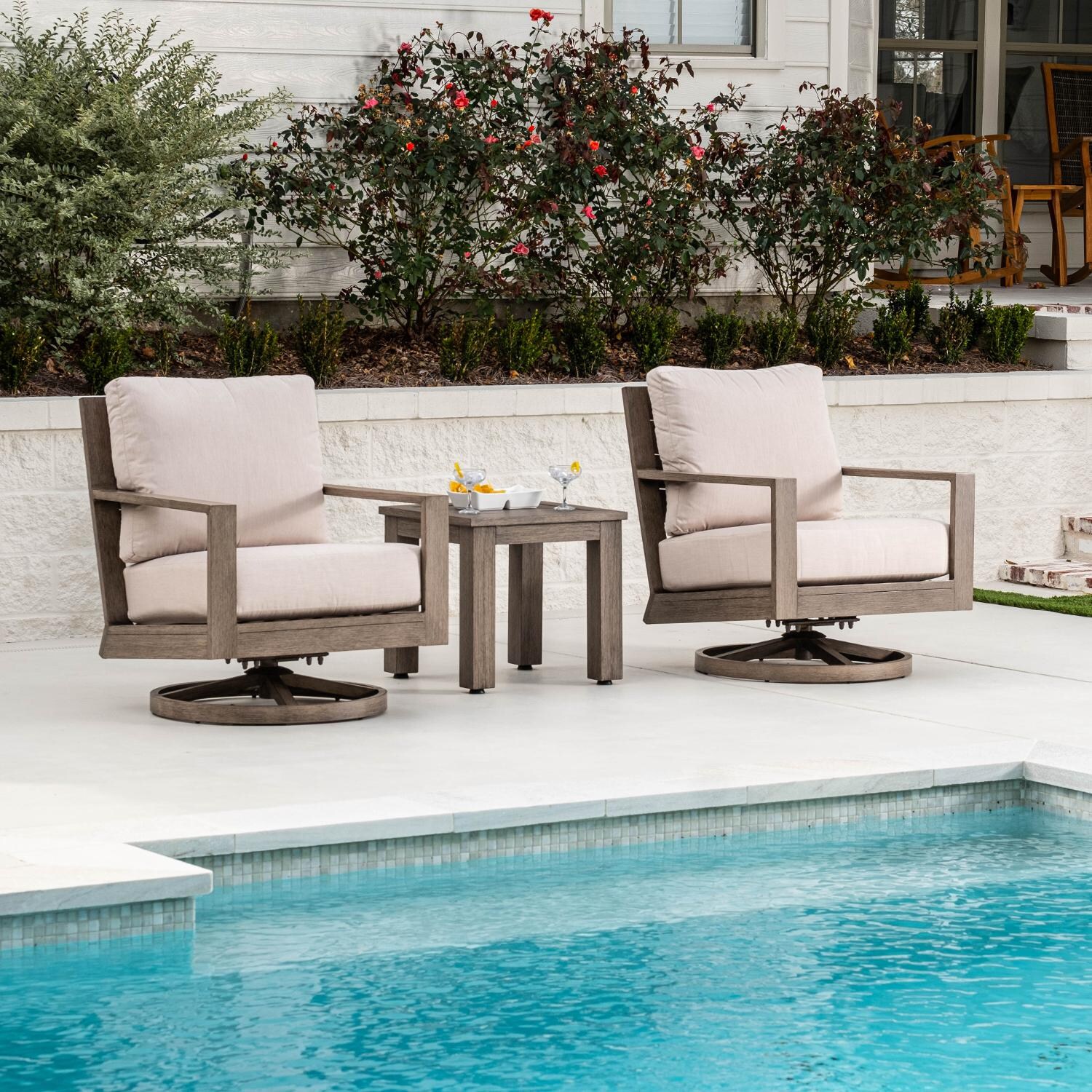 Laguna 3 Piece Aluminum Patio Conversation Set W/ Sunbrella Canvas Flax Cushions By Sunset West image