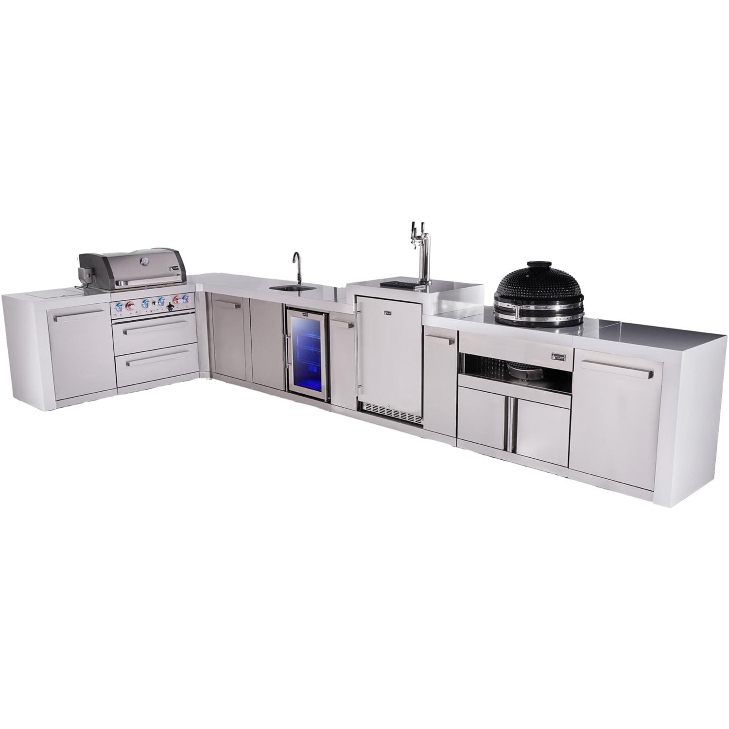 Mont Alpi Deluxe Series 15 Ft L-Shaped Natural Gas Outdoor Kitchen Island w/ 44-in Grill, Side Burner, Beverage Center, Kegerator, Fridge, Kamado Module & Triple Drawer (Ships Propane w/ Conversion Kit)
