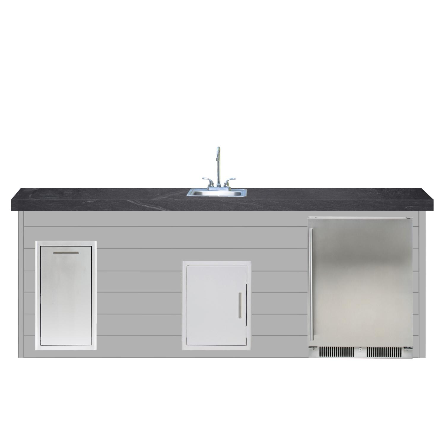 BBQGuys Signature 8ft Luxury Outdoor Island W/ Blaze Outdoor Rated Refrigerator & Summerset 15-Inch Sink - Light Gray Steel W/ Black Polished Granite thumbnail