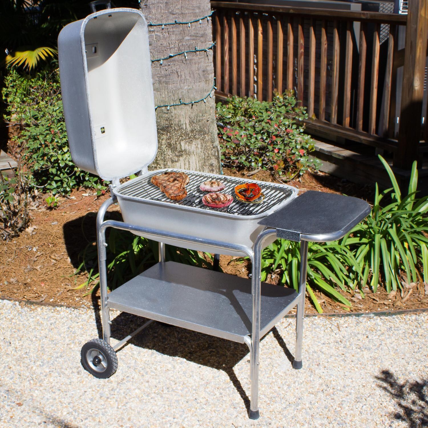 Portable Kitchen Cast Aluminum Charcoal Grill & Smoker - Classic Silver