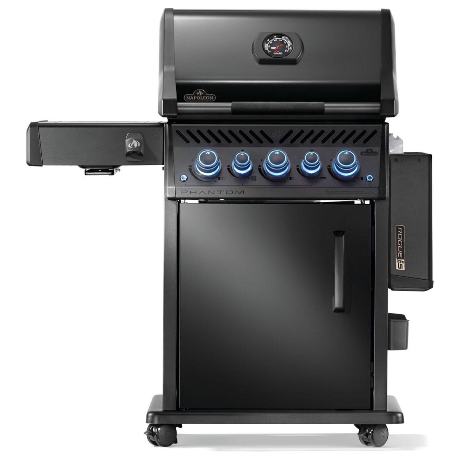 Napoleon RPS425RSIBNK-2-PHM Phantom Rogue PRO-S 425 Propane Gas Grill w/ Infrared Side & Rear Burners - Matte Black - Shelf Down - White Background thumbnail