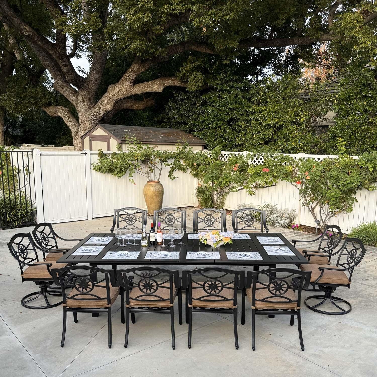 Ten Star 13 Pc Cast Aluminum Swivel / Rocker Dining Set in Antique Bronze/Sesame by Darlee