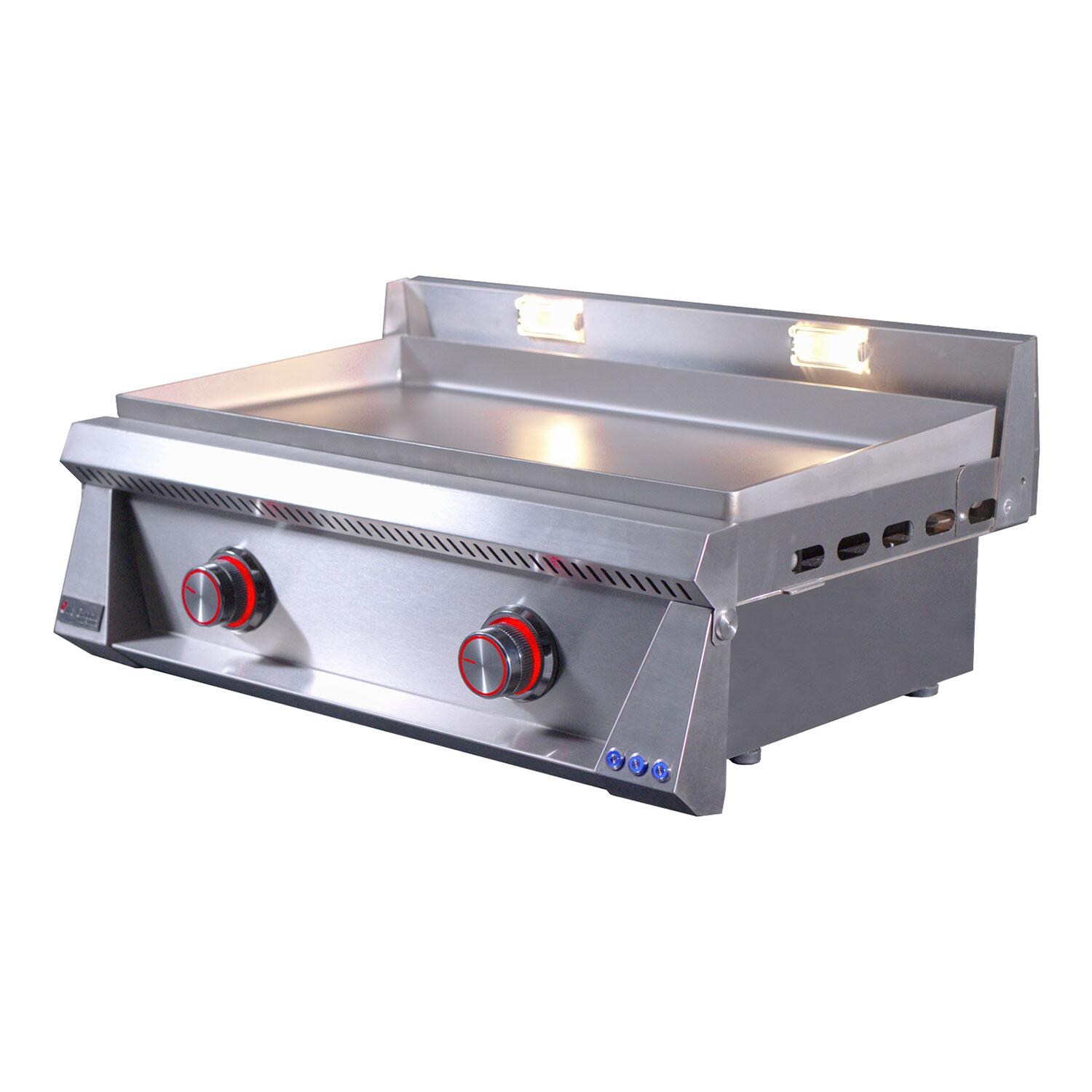 Le Griddle OML75P6 LP Pro Series 75 2 Burner Built-In Propane Flat Top Grill w/ 6mm Plate - Control Valve ON Red LED Knob Lights - Side View - White Background thumbnail