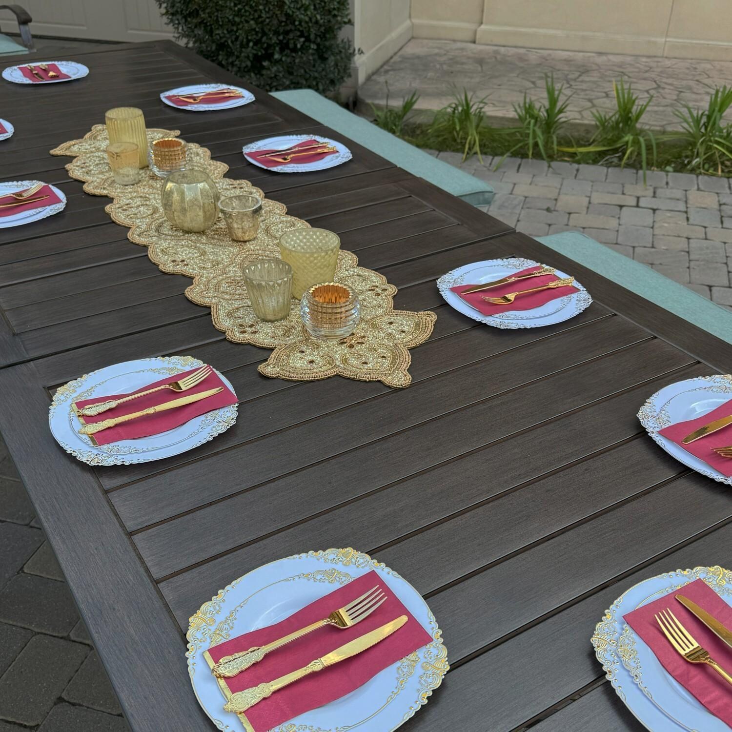 Atlantis 7 Pc Aluminum Dining Set w/ 2 Swivel Rocker Dining Arm Chairs, 4 Two Person Benches & Extension Table in Walnut/Spa by Darlee - Table Angled - Lifestyle thumbnail