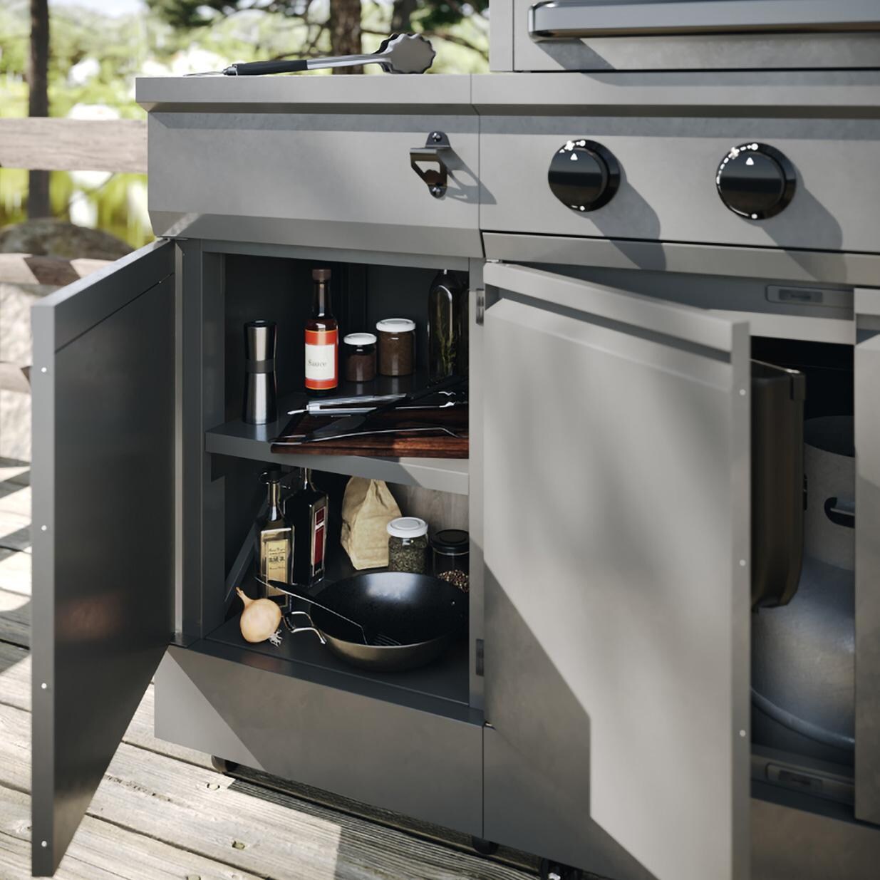 TYTUS Fresno Series 5-Burner Propane Island Grill in Gunmetal w/ Cover & Griddle - Storage - Detail thumbnail