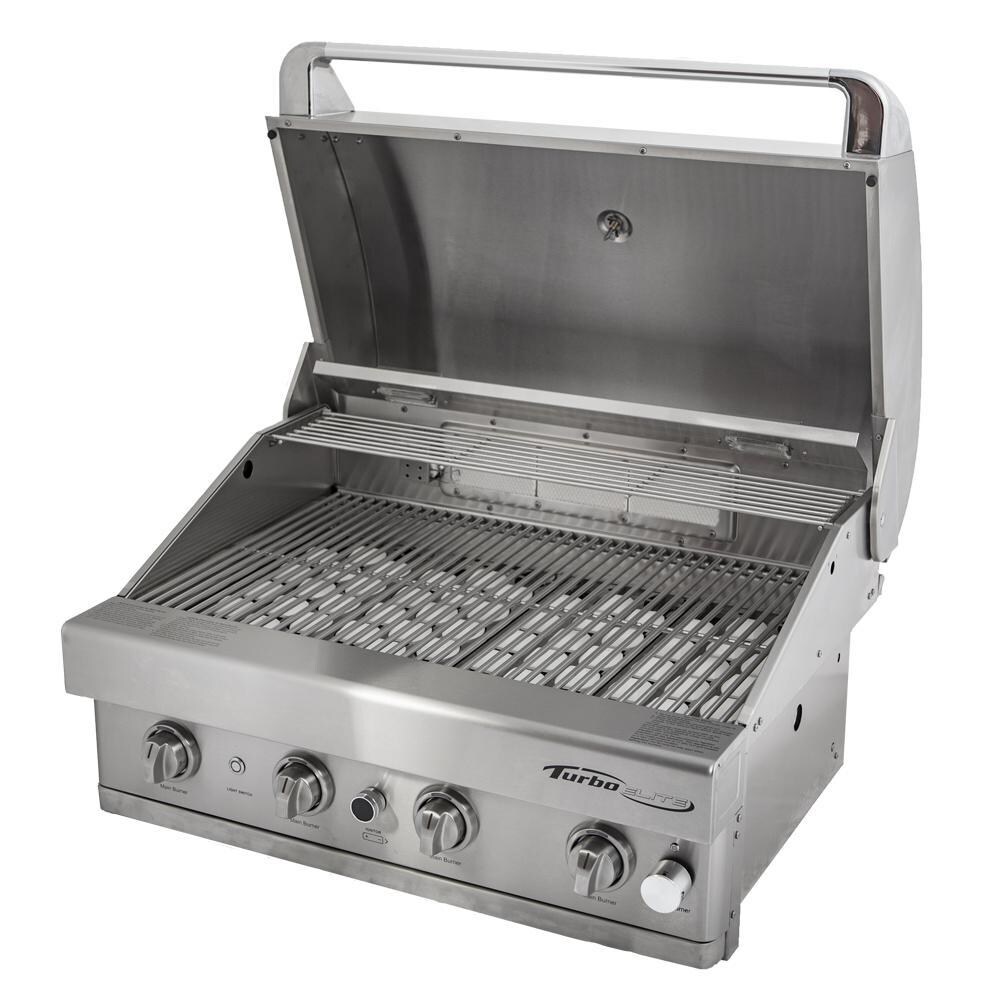 Turbo BTE3221BNG Elite 32-Inch 4-Burner Built-In Gas Grill - Right Side Angled View With Hood Open thumbnail