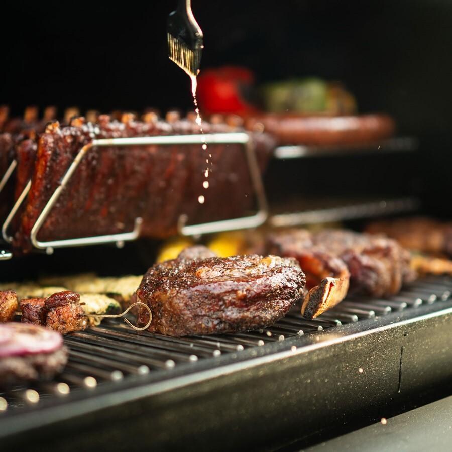 Green Mountain Grills LEDGE Prime Ledge Prime 2.0 WiFi Pellet Grill - Angled Food - Lifestyle thumbnail