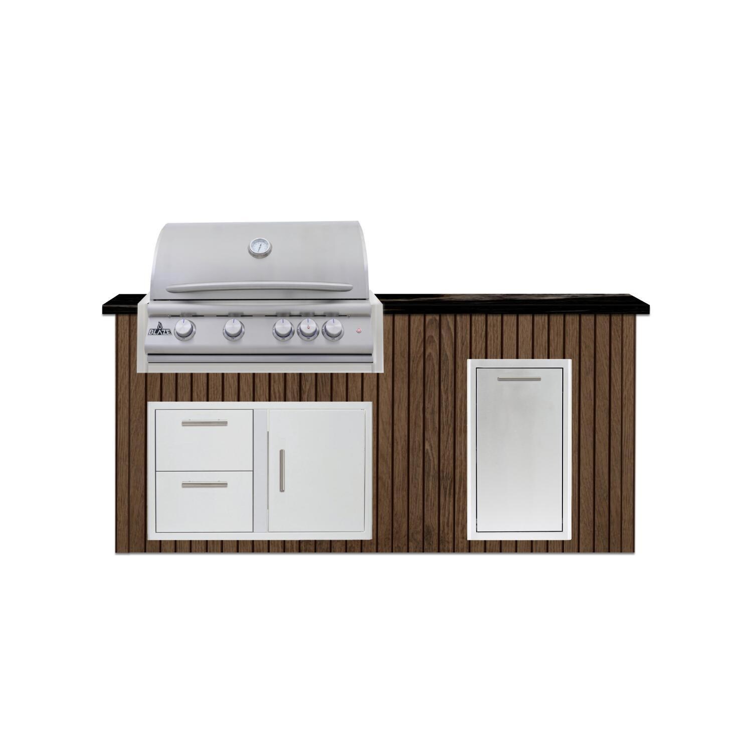 BBQGuys Signature 6 Ft Outdoor Kitchen Island w/ 32-in Blaze LTE+ Natural Gas Grill & Narrow Trash Bin | Toffee w/ Nero Mist Granite - Island - White Background thumbnail