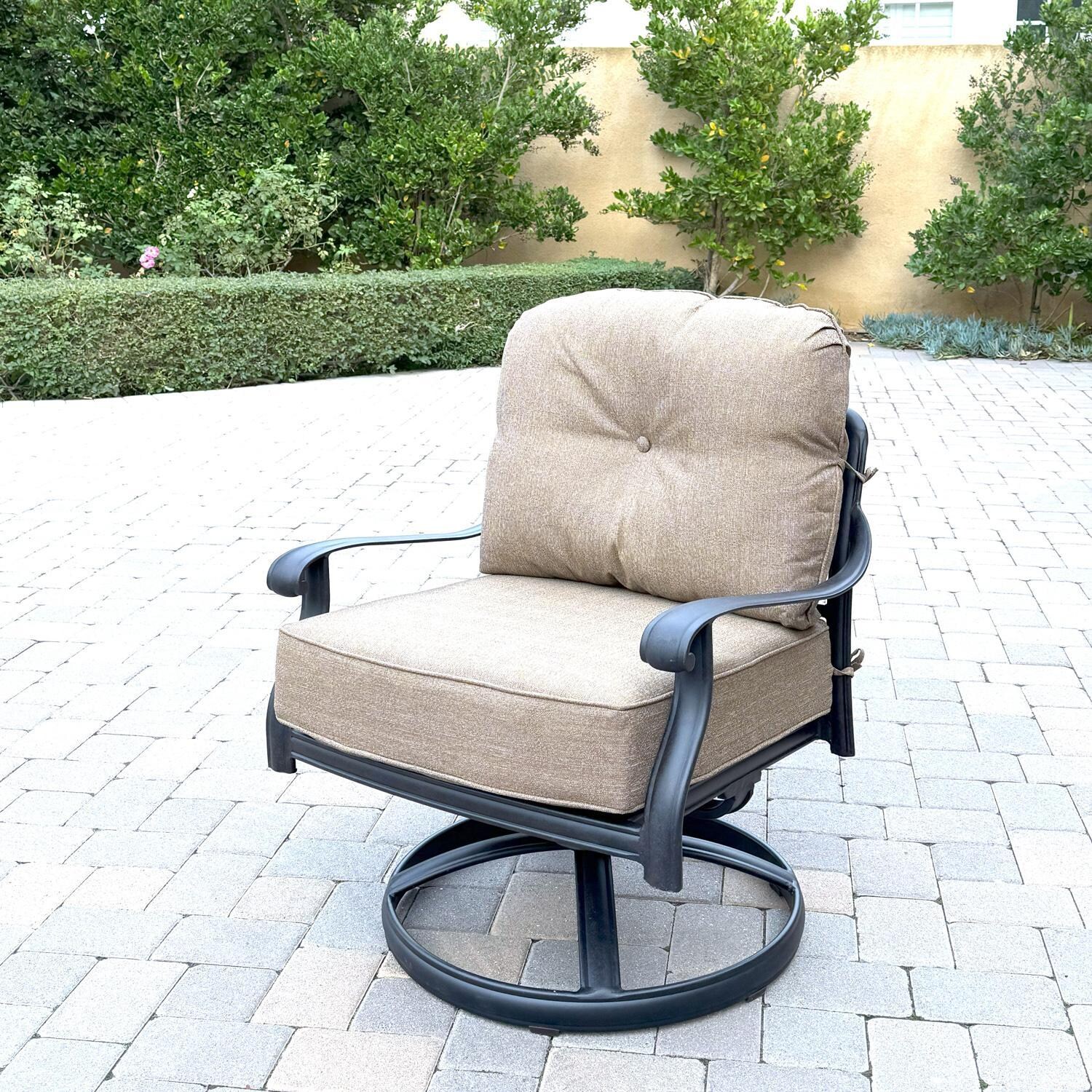 Darlee Elisabeth Cast Aluminum 2-Pc Swivel Rocker Club Chair Set in Antique Bronze/Beige Canvas - Chair Angled - Lifestyle thumbnail
