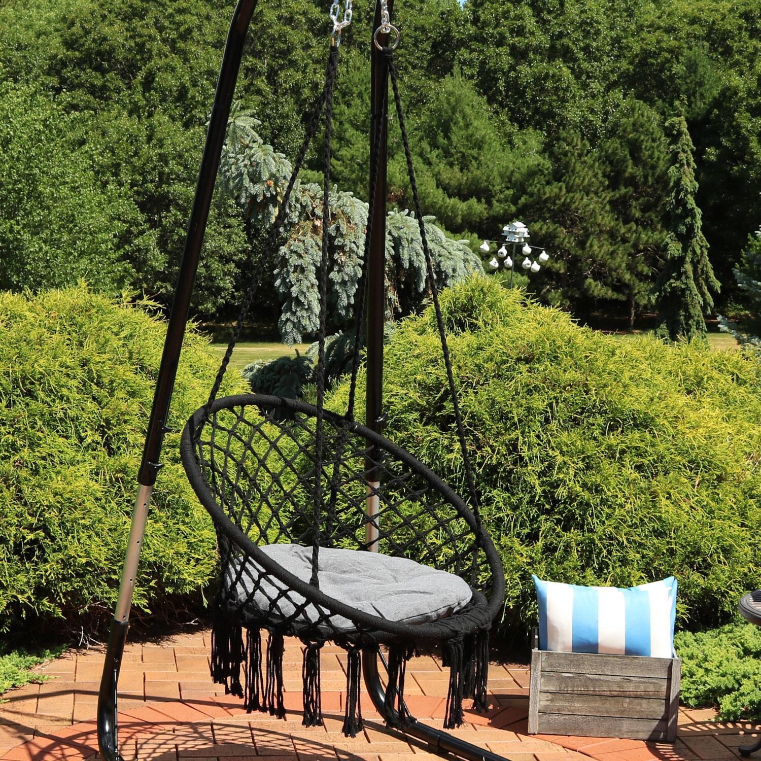 Ultimate Patio Macrame Hammock Chair w/ Tassels & Cushion - Black/Gray - Lifestyle thumbnail