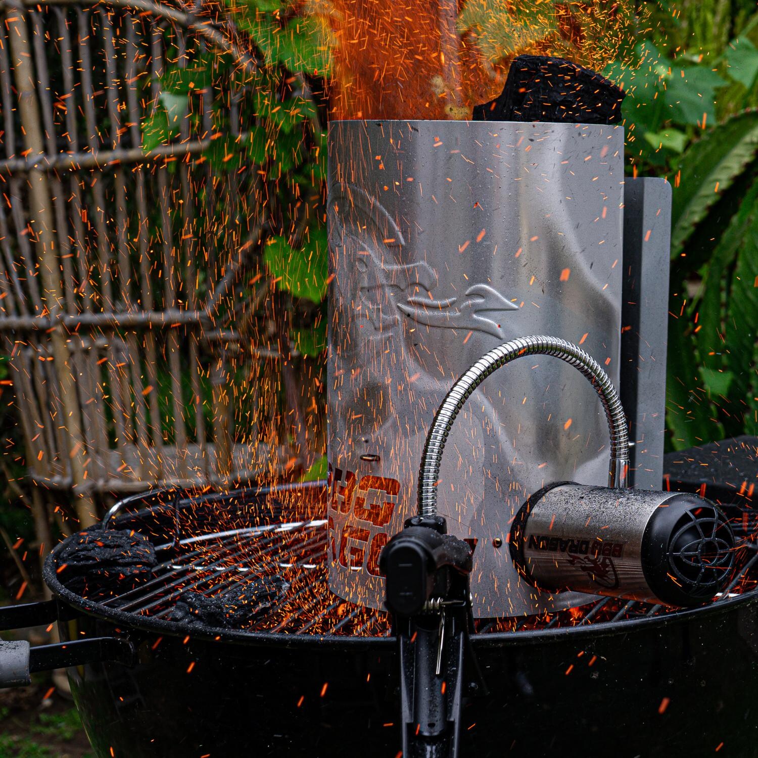 BBQ Dragon BBQD101 Chimney of Insanity XL - BBQ Dragon Side Vent Fan In Use thumbnail