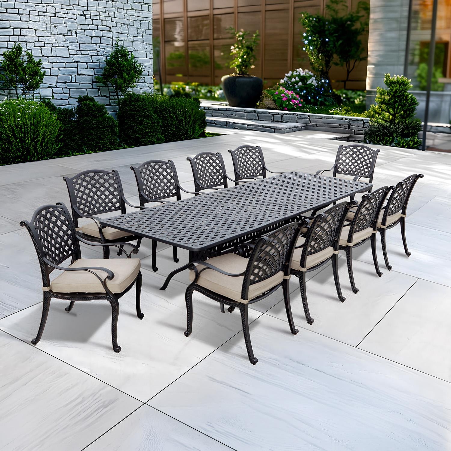 Darlee Nassau 11-Piece Patio Dining Set with Beige Canvas Cushions and 42 X 120 Inch Rectangular Extension Dining Table - Set - Lifestyle thumbnail