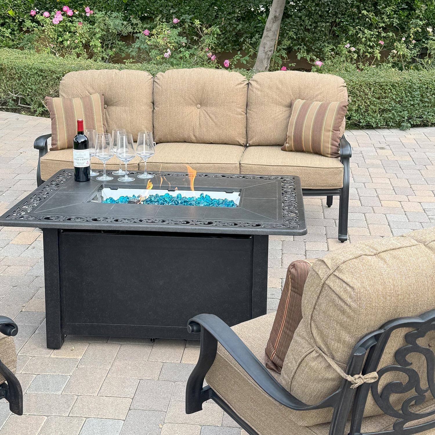 Darlee Elisabeth 6 Pc Cast Aluminum Fire Pit Seating Set w/ 2 Swivel Chairs, Sofa and 2 Ottomans in Antique Bronze/Beige - Table - Lifestyle thumbnail
