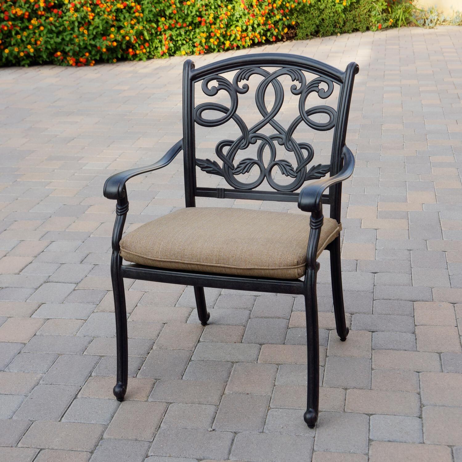 Darlee DL2052-7PC-60GD Santa Monica 7 Piece Cast Aluminum Patio Fire Pit Dining Set W/ 60 Inch Round Table & Sesame Cushions - Dining Arm Chair