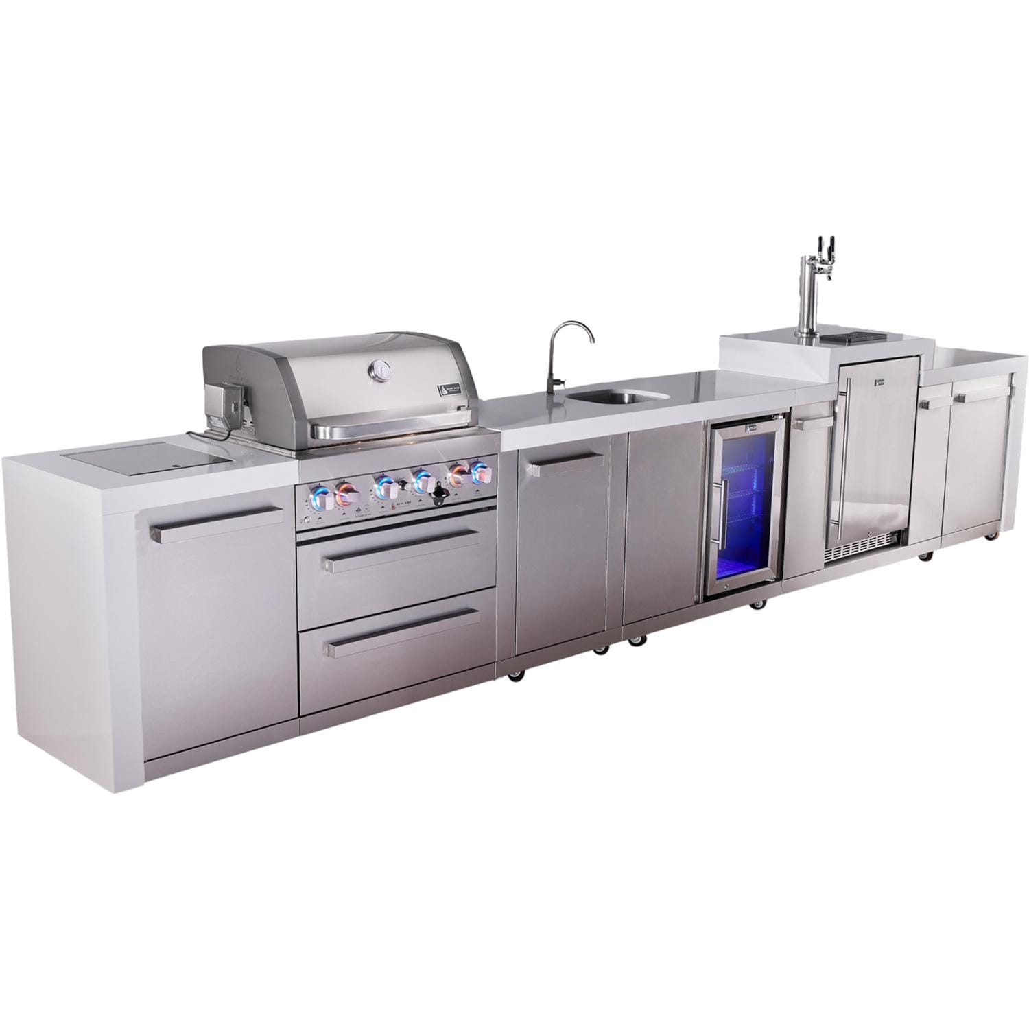 Mont Alpi Deluxe Series 15 1/2 Ft Natural Gas Outdoor Kitchen Island w/ 32-in Grill, Side Burner, Beverage Center, Kegerator & Extra Door (Ships Propane w/ Conversion Kit) - Angled Right - White Background thumbnail