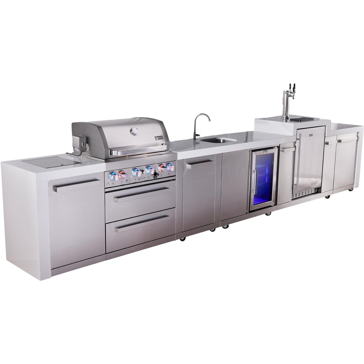 Mont Alpi Deluxe Series 15 1/2 Ft Natural Gas Outdoor Kitchen Island w/ 32-in Grill, Side Burner, Beverage Center, Kegerator & Extra Door (Ships Propane w/ Conversion Kit) - Angled Right - White Background thumbnail