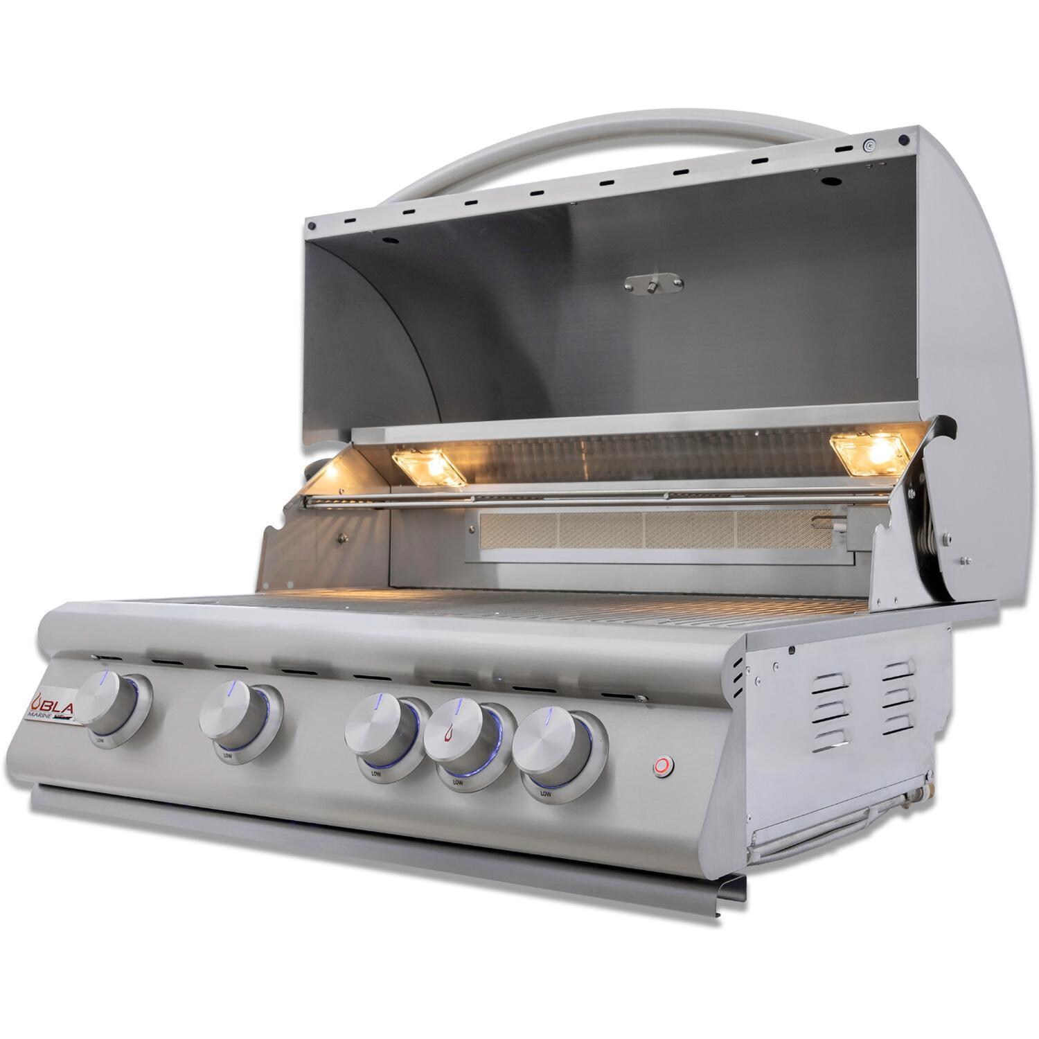 Blaze BLZ-4LTE3MG-LP Premium LTE+ Marine Grade 32-Inch 4-Burner Built-In Propane Grill With Rear Infrared Burner & Lift-Assist Hood - Angled View - Open - White Background