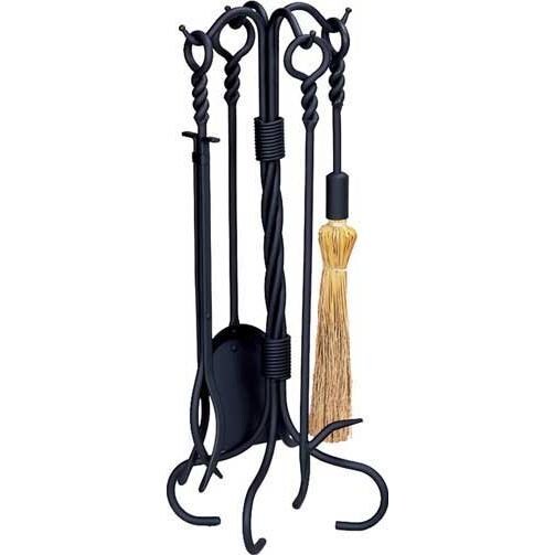 UniFlame 5-Piece Black Wrought Iron Fireplace Tool Set With Ring And Twist Handles - F-1123