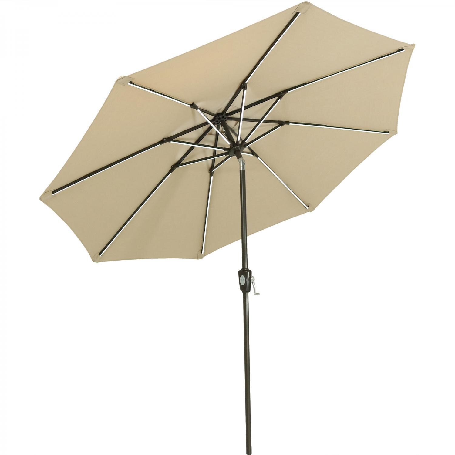 Ultimate Patio 9 Ft. Solar Lighted Octagonal Aluminum Patio Market Umbrella W/ Crank & Tilt - Black Frame & Beige Sunbrella Canopy