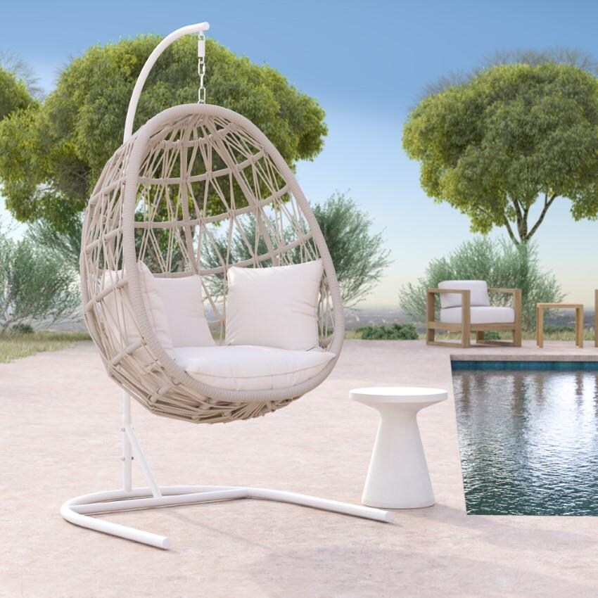 Dana Woven Rope Hanging Club Chair w/ Self Welt in Natural/Canvas Skyline by Sunset West - Chair in Canvas Skyline by Pool - Lifestyle