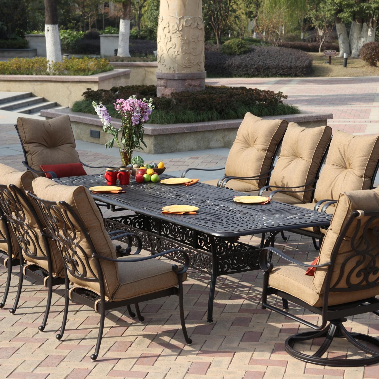 Santa Anita 11 Pc Cast Aluminum Patio Dining Set w/ 92 X 42-in Rectangular Extension Table & Heather Beige Sunbrella Cushions By Darlee - Back Patio - Lifestyle thumbnail