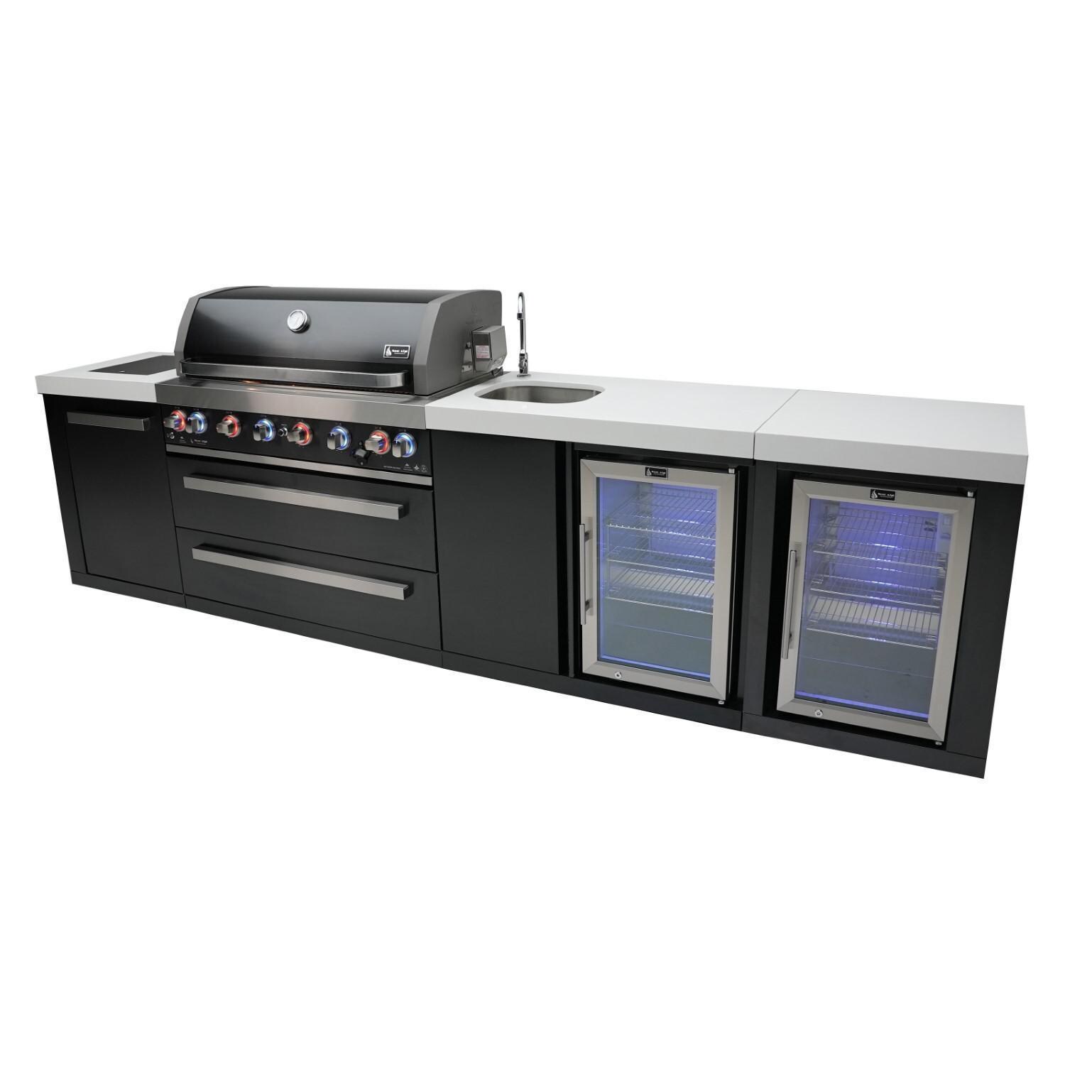  Mont Alpi - MAi805-BSSBEVFC - Deluxe Propane Gas Island Grill W/ Beverage Center, Refrigerator Cabinet, Infrared Side Burner, & Rotisserie Kit - Black Stainless Steel - Closed Burners On Angled - White Background thumbnail