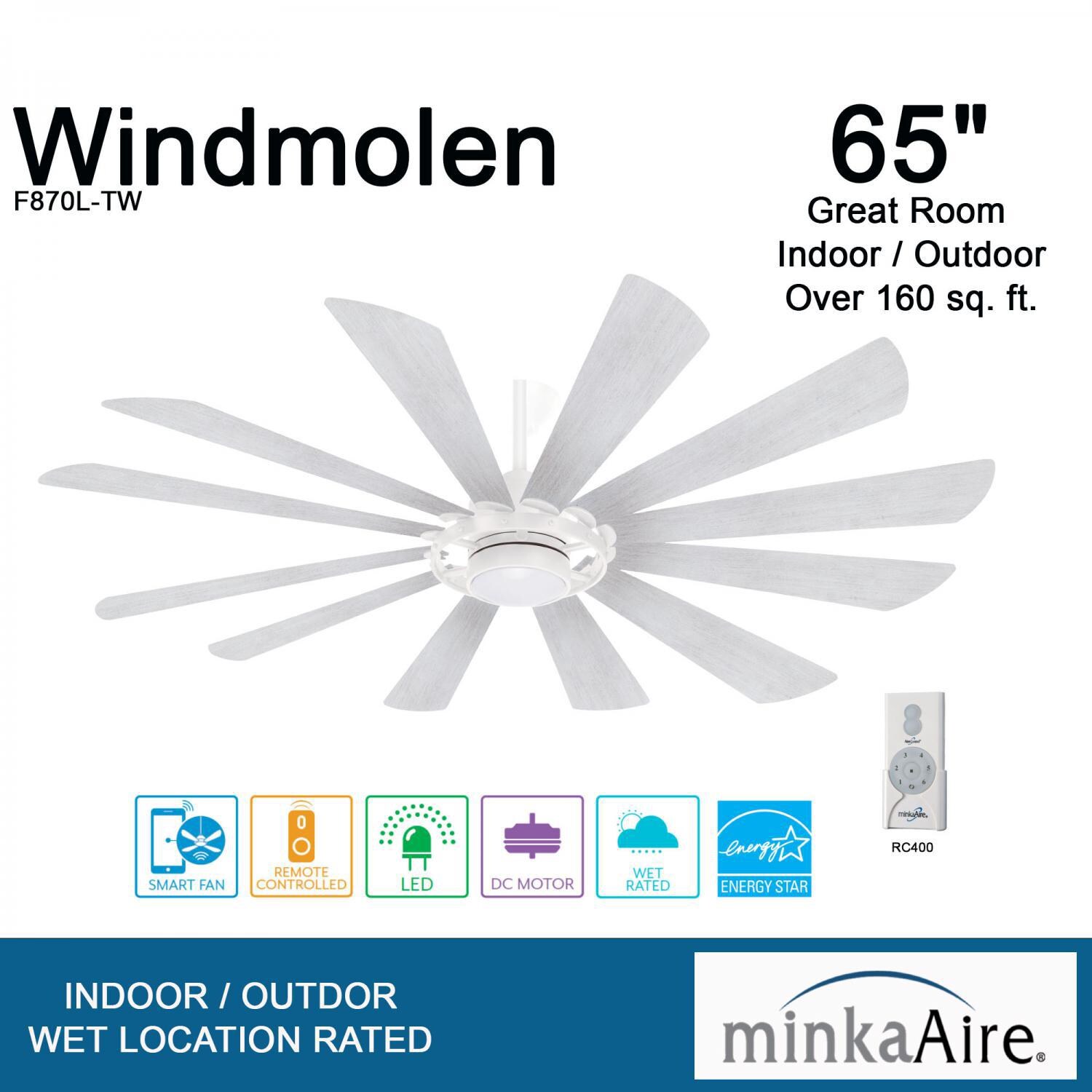 Minka-Aire F870L-TW Windmolen 65-Inch 12-Blade LED Ceiling Fan in Textured White Finish w/ Bleached Ashwood Blades & Etched Lens - Overview thumbnail