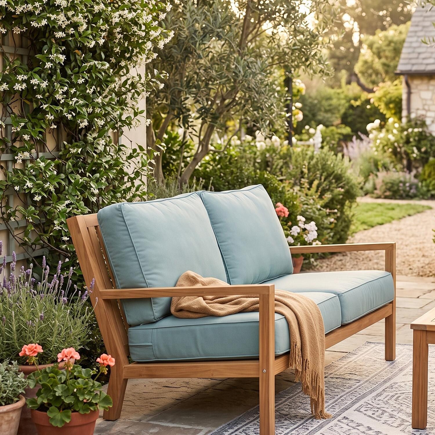 Coastal 2 Person Teak Loveseat w/ Sunbrella Cushions in Canvas Spa by Royal Teak Collection