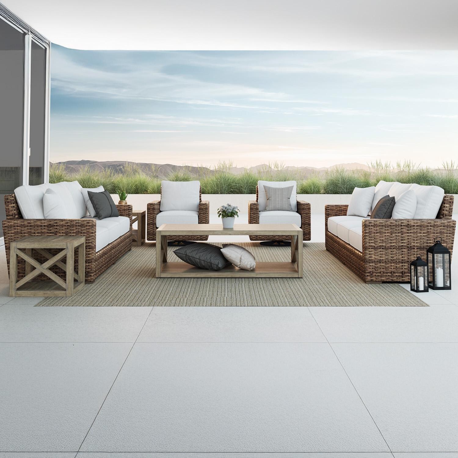 Sunset West - 1701-23-5492 - Havana Resin Wicker Patio Sofa W/ Sunbrella Canvas Flax Cushions - Shown w/ Set (Not Included) - Lifestyle thumbnail