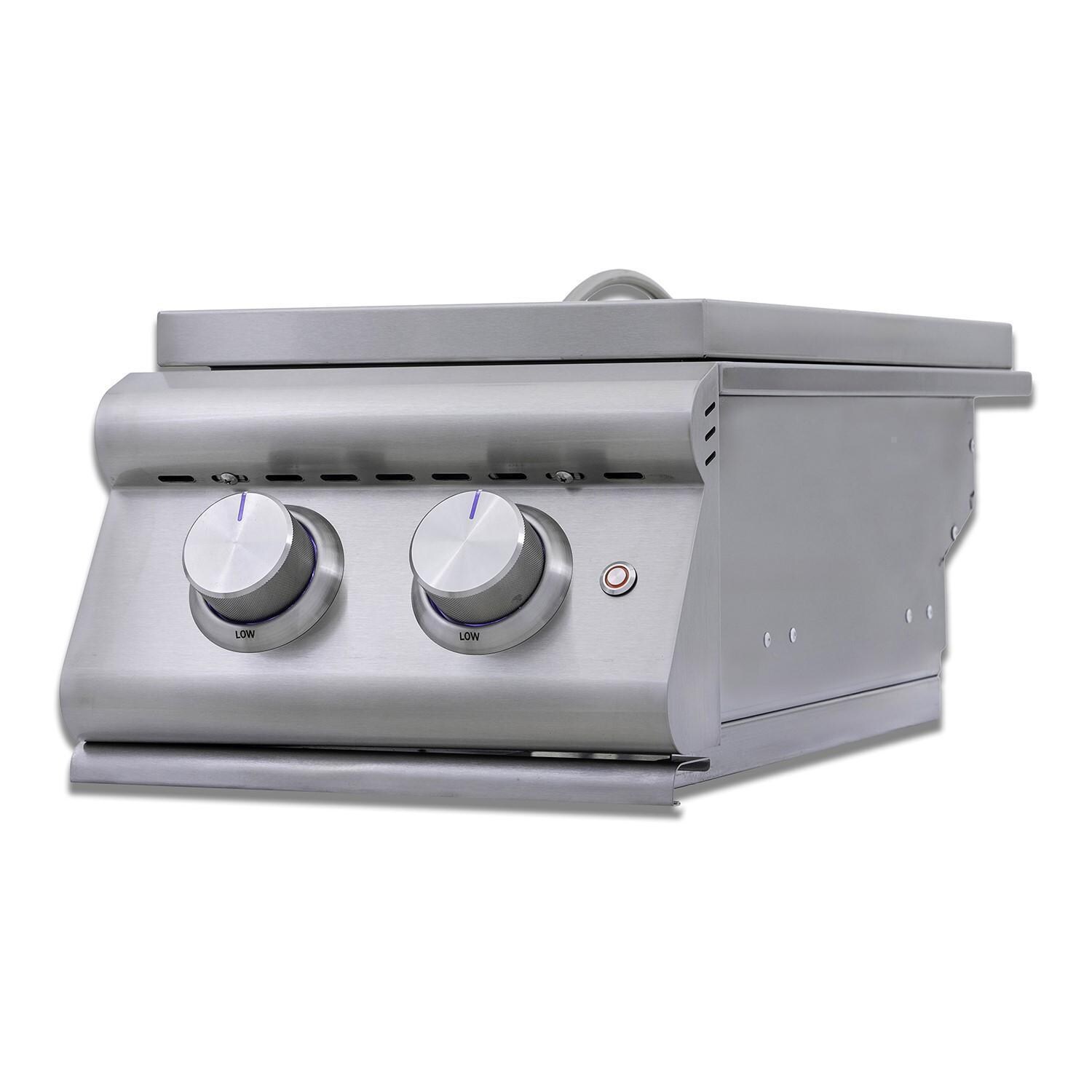 Blaze BLZ-SB2-LTEPLUS-LP LTE+ Propane Stainless Steel Double Side Burner w/ Lid - Slight Angle w/ Lid - White Background