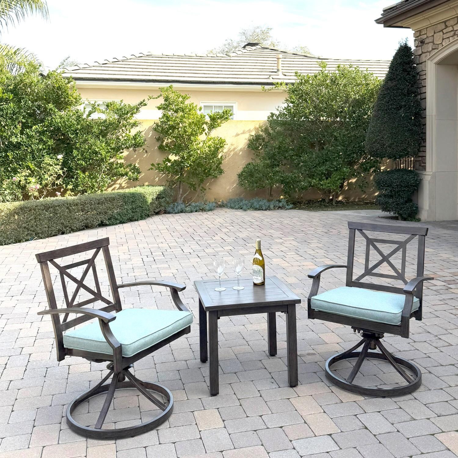 Atlantis 3 Pc Aluminum Seating Set w/ 2 Swivel Rocker Arm Chairs in Walnut/Spa by Darlee - Hero - Lifestyle thumbnail