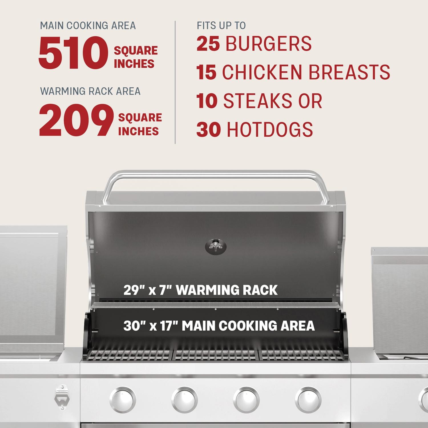 TYTUS Fresno Series 4-Burner Stainless Steel + Carbon Wood BBQ Island - TDT-021-0705 - Cooking Area - Detail thumbnail