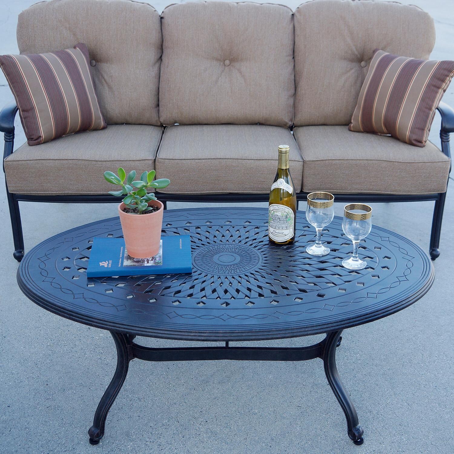 Darlee Santa Monica 6-Piece Patio Deep Seating Conversation Set with Cushions and 24 Inch Round End Table and 31 X 46 Inch Oval Coffee Table - Coffee Table - Lifestyle thumbnail