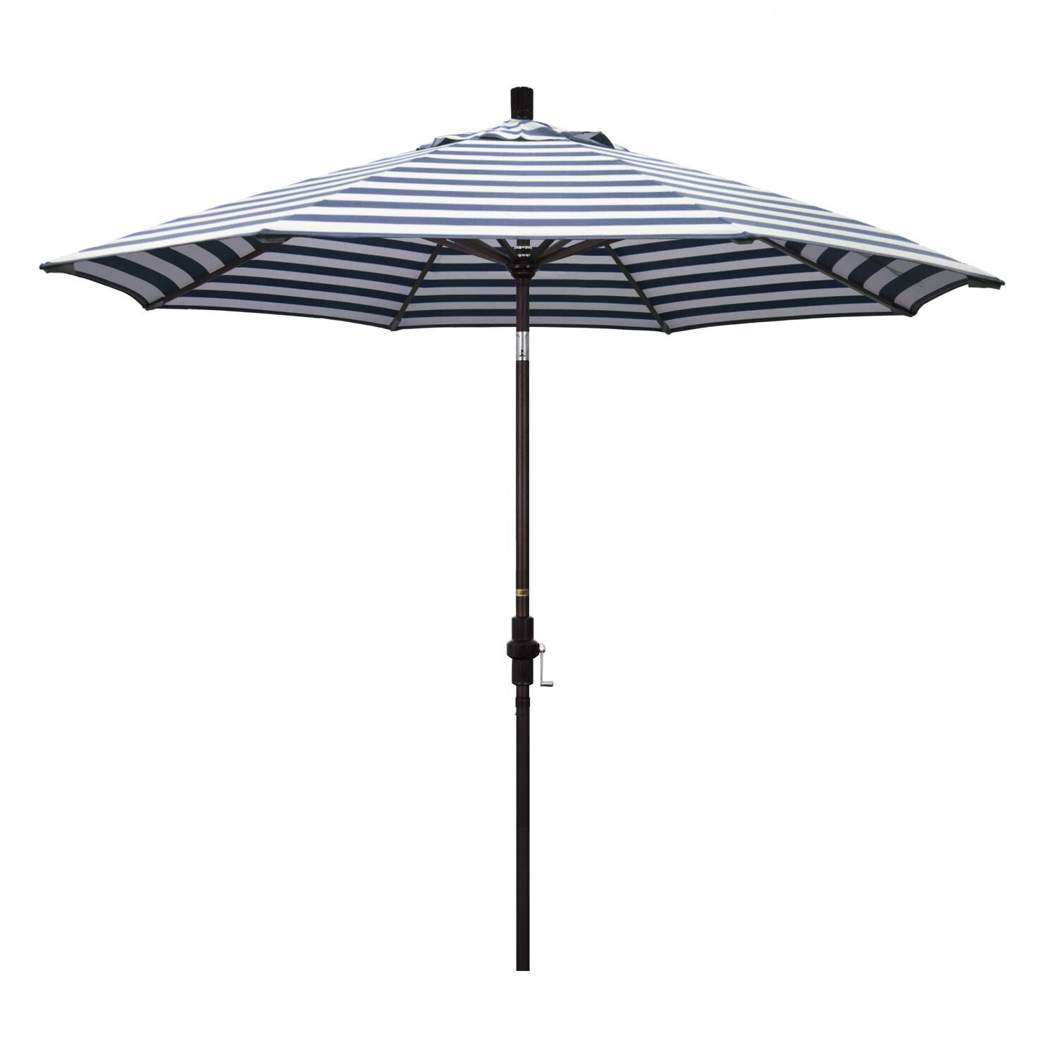 California Umbrella Golden State Series 9 Ft Octagonal Aluminum Collar Tilt Patio Umbrella W/ Crank Lift - Bronze Frame / Olefin Navy White Cabana Stripe Canopy