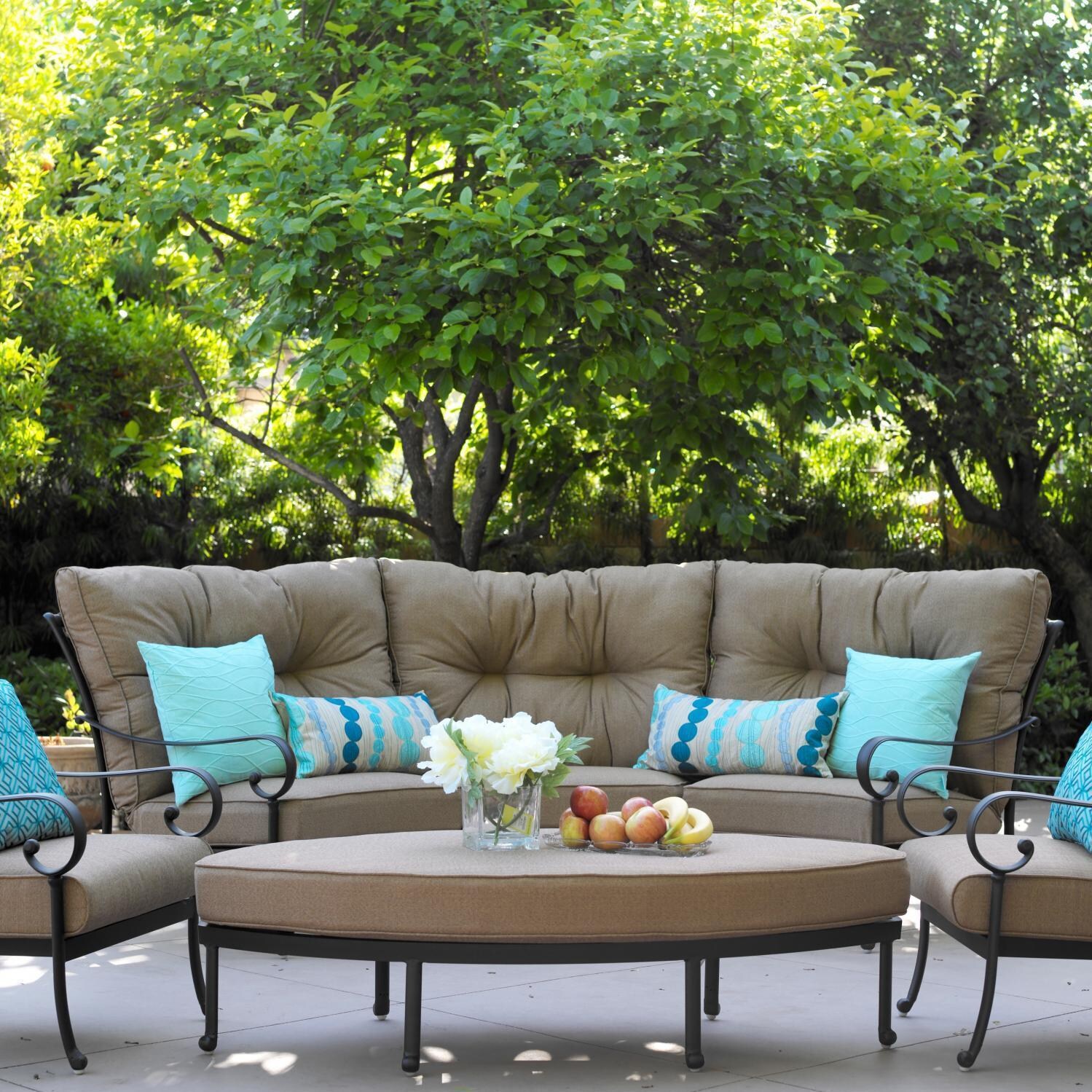 Santa Anita 6 Pc Cast Aluminum Patio Sectional Set w/ Sesame Sunbrella Cushions by Darlee - Back Patio (Throw Pillows Not Included) - Lifestyle thumbnail