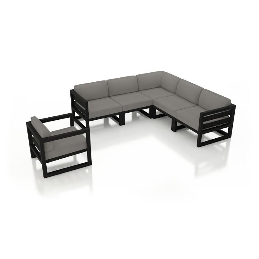 Lakeview Misty Cove 6 Pc Aluminum Sectional Set in Black w/Club Chair & Canvas Charcoal Cushions by Lakeview Outdoor Designs - White Background thumbnail