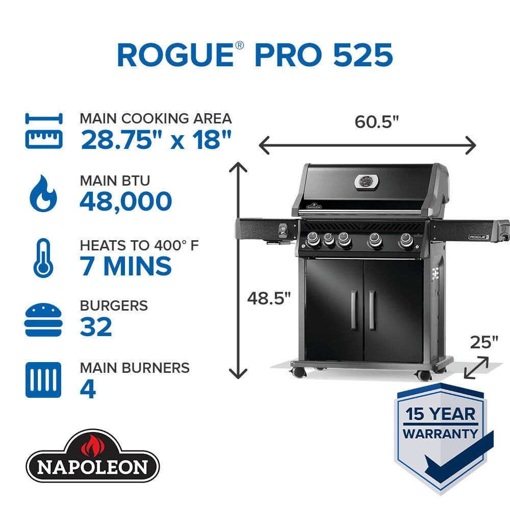 Napoleon RP525SIBNK-2 Rogue PRO 525 4-Burner Natural Gas Grill w/ Infrared Side Burner - Black - RP525SIBNK-2 - Dimensions - Dimensional thumbnail